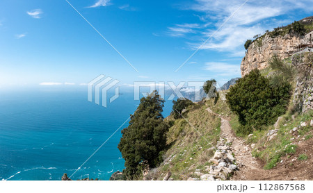 Shoreline of the scenic Amalfi coast from the path of the Gods, Southern Italy 112867568