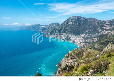 Shoreline of the scenic Amalfi coast from the path of the Gods, Southern Italy 112867587