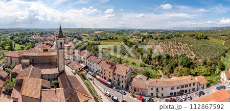 Aerial view of little medieval Vinci town in the Tuscany, birth place of genius Leonardo da Vinci Aerial view of little medieval Vinci town in the Tuscany, birth place of genius Leonardo da Vinci 112867592