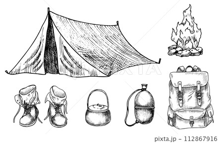 Camping equipment - tent, fire, backpack, flask and boots. Vector illustration of objects for hiking and traveling in a forest painted by black inks in linear style. Etching with adventure elements. Camping equipment - tent, fire, backpack, flask and boots. Vector illustration of objects for hiking and traveling in a forest painted by black inks in linear style. Etching with adventure elements. 112867916