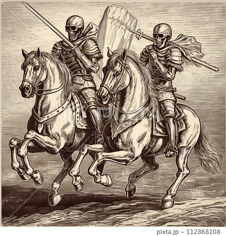 Skeletons knights clad in armor are riding on majestic horses. They appear ready for battle, with swords in hand and shields on their arms. Black and white drawing, vintage engraving style 112868108