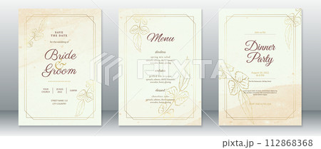 Wedding invitation card template with rose leaf golden design 112868368