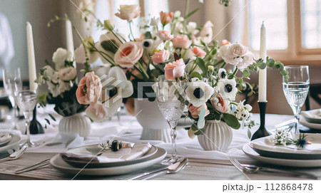 Wedding decoration in the cottage, floral country wedding decor, cake and event celebration, English countryside style 112868478