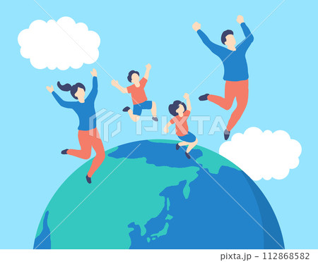 SDGsイメージの地球と空を飛ぶ家族のイラスト 112868582