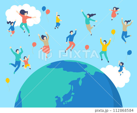 SDGsイメージの地球と空を飛ぶ人たちのイラスト SDGsイメージの地球と空を飛ぶ人たちのイラスト 112868584