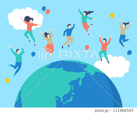 SDGsイメージの地球と空を飛ぶ人たちのイラスト 112868585