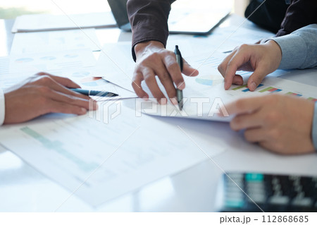 A team of business people is brainstorming to analyze investment project data. A team of business people is brainstorming to analyze investment project data. 112868685