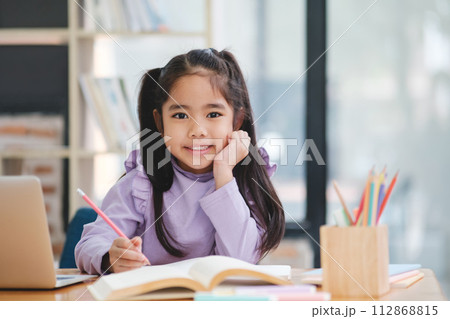 A young girl is sitting at a desk with a laptop and a book A young girl is sitting at a desk with a laptop and a book 112868815