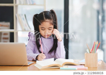 A young girl is sitting at a desk with a laptop and a book 112868816