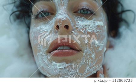 Close-up portrait of a girl with moisturizing cream on her face. Skin care product advertising concept 112869723