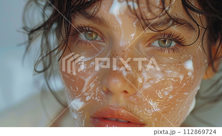 Close-up portrait of a girl with moisturizing cream on her face. Skin care product advertising concept 112869724