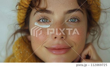 Close-up portrait of a girl with moisturizing cream on her face. Skin care product advertising concept 112869725