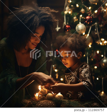Photorealistic image of a mother and child decorating a Christmas tree. family christmas, holiday lifestyle Photorealistic image of a mother and child decorating a Christmas tree. family christmas, holiday lifestyle 112869757