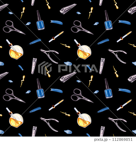 Manicure instruments. Nail blue polish, trimmer, cuticle scissors, clippers. Glass Vial with cosmetic oil. Seamless pattern on black background. Watercolor illustration for package, textile, prints Manicure instruments. Nail blue polish, trimmer, cuticle scissors, clippers. Glass Vial with cosmetic oil. Seamless pattern on black background. Watercolor illustration for package, textile, prints 112869851