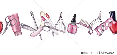 Manicure tools in pink colors. Seamless border on white background. Nail polish, color palette, tube of cream. Steel nail trimmer, cuticle scissors, clippers, brush and file. Watercolor illustration Manicure tools in pink colors. Seamless border on white background. Nail polish, color palette, tube of cream. Steel nail trimmer, cuticle scissors, clippers, brush and file. Watercolor illustration 112869852