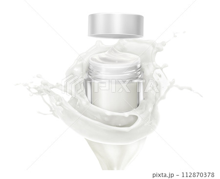Cosmetic or lotion packaging on milk splashes surrounded isolated on white 112870378