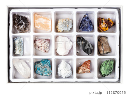 stones for geological collection in open box 112870936