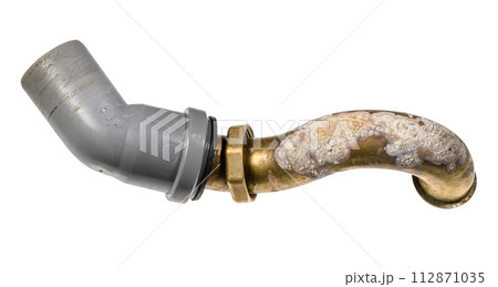brass bathtub sewer pipe covered with corrosion 112871035