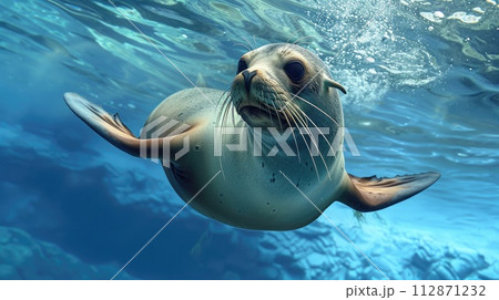 A sea lion swims underwater in a blue sea. A sea lion swims underwater in a blue sea. 112871232