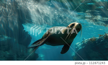 A sea lion swims underwater in a blue sea. 112871243