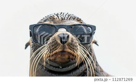 Sea Lion wearing sunglasses against white background 112871269