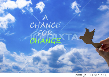 A chance for change symbol. Concept words A chance for change. Beautiful blue sky cloud background. Voter hand with wooden bird. Business A chance for change concept. Copy space. A chance for change symbol. Concept words A chance for change. Beautiful blue sky cloud background. Voter hand with wooden bird. Business A chance for change concept. Copy space. 112871454