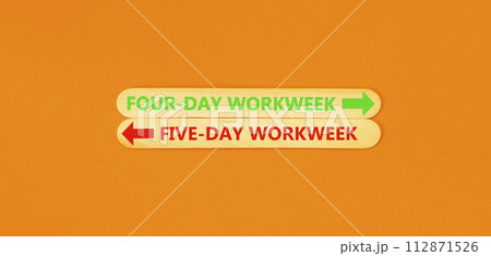 5 or 4 day week symbol. Concept word Five-day workweek or Four-day workweek on beautiful wooden stick. Beautiful orange table orange background. Business and 5 or 4 day week concept. Copy space. 5 or 4 day week symbol. Concept word Five-day workweek or Four-day workweek on beautiful wooden stick. Beautiful orange table orange background. Business and 5 or 4 day week concept. Copy space. 112871526