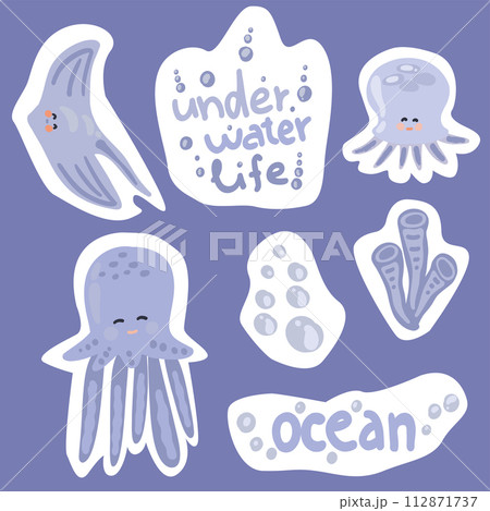 Flat design set with blue marine animals ocean vibe  112871737