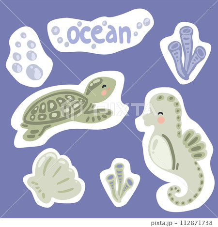 Flat design stickers ocean animals turtle seahorse and corals 112871738