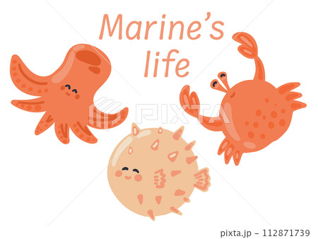 Flat design set with marine ocean animals octopus crab fish 112871739