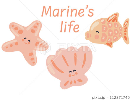 Flat design set with shell fish and star fish 112871740