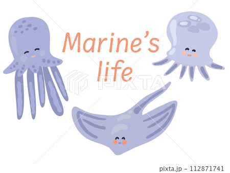 Under sea world cute characters flat design ramp fish jellyfish octopus 112871741