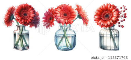 IKEAの花瓶とガーベラの鉛筆画 ガラスの花瓶に入った赤いガーベラの水彩イラストの素材セットの