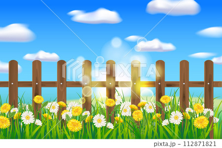 Spring green grass, daisy flowers, wooden fence, sun rays 112871821