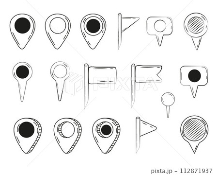 Navigation markers, pinpoints, tag in hand drawn style. Doodle pin symbol, location sign collection Navigation markers, pinpoints, tag in hand drawn style. Doodle pin symbol, location sign collection 112871937