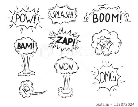 Explosion doodle, bomb element. Comic zap, boom, bam smoke sketch elements. 112872024