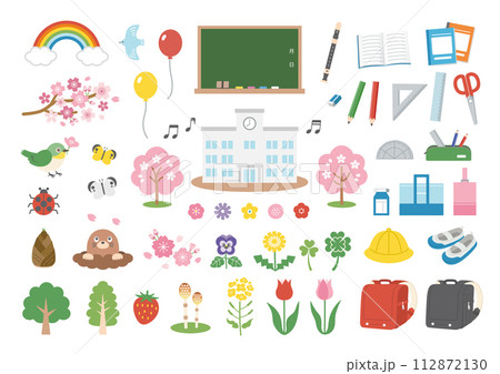 春の花と入学式のイラストセット 112872130