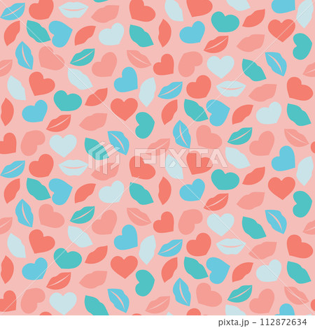 Seamless pattern with lips and hearts contour in pastel color. Hand drawn doodle drawing in trendy colors. Print design for textile, wallpaper, wrapping, background Seamless pattern with lips and hearts contour in pastel color. Hand drawn doodle drawing in trendy colors. Print design for textile, wallpaper, wrapping, background 112872634