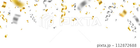 Silver and gold confetti background. Celebrate event card. Glitter falling paper. Anniversary party. Carnival serpentine and tinsel poster. Festive birthday surprise decoration. Vector illustration Silver and gold confetti background. Celebrate event card. Glitter falling paper. Anniversary party. Carnival serpentine and tinsel poster. Festive birthday surprise decoration. Vector illustration 112872688