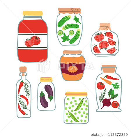 Vector set of pickled vegetables. Preserved vegetables doodle illustration Vector set of pickled vegetables. Preserved vegetables doodle illustration 112872820