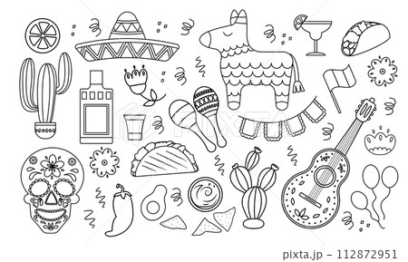 Cinco de Mayo celebration doodle set. Traditional mexican decoration. Hand drawn 112872951