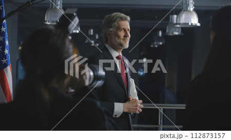 New President of the United States poses for cameras during press conference 112873157