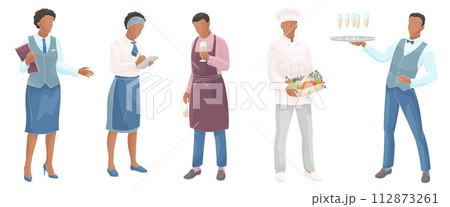 Restaurant staff smiling African American male and female characters. Manager, cook, waiter sommelier employees 112873261