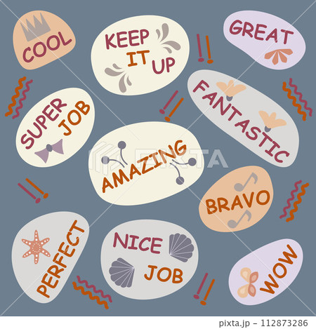 Vector Motivational Collection of stickers with the words great job and cool Vector Motivational Collection of stickers with the words great job and cool 112873286