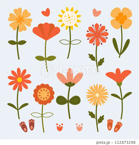 Vector Isolated set with cute spring flowers and animal prints in a flat cartoon style Perfect baby fabric 112873298