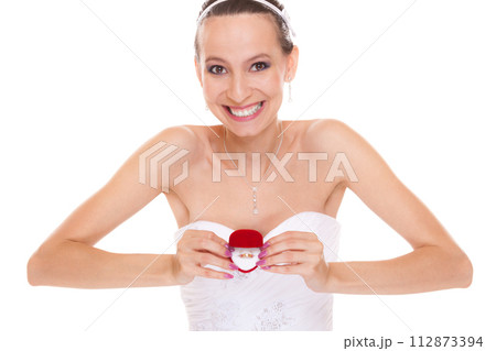 Excited bride woman showing engagement ring box. Excited bride woman showing engagement ring box. 112873394
