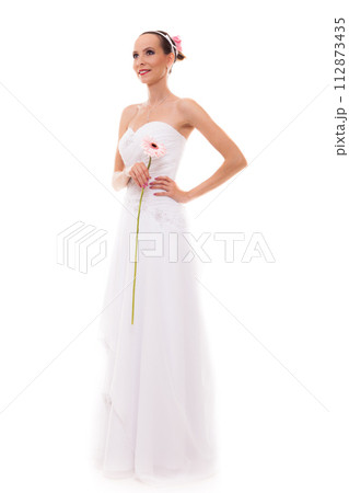 Full length bride in white wedding gown isolated 112873435