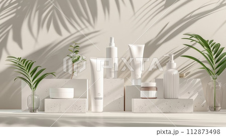 A collection of cosmetic mockup bottles and a tube on a light background, perfect for branding designs. A collection of cosmetic mockup bottles and a tube on a light background, perfect for branding designs. 112873498