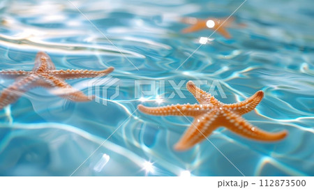 Starfish in blue water with light reflection Starfish in blue water with light reflection 112873500