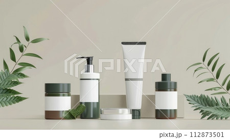 A collection of cosmetic mockup bottles and a tube on a light background, perfect for branding designs A collection of cosmetic mockup bottles and a tube on a light background, perfect for branding designs 112873501